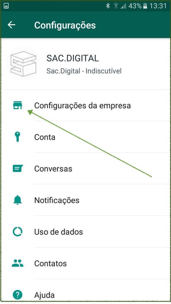menu configurações da empresa no whatsapp