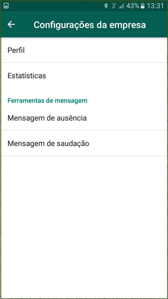 opções do menu configurações da empresa do whatsapp