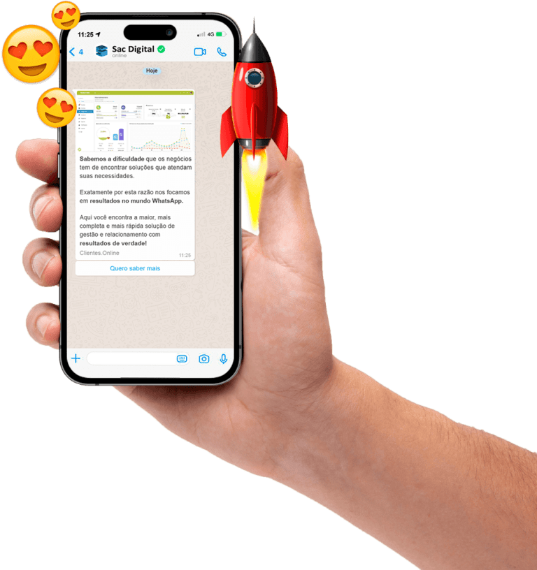 Mão segurando o celular com WhatsApp e mensagem de notificação com imagem texto e botão do WhatsApp da sacdigital e clientes online