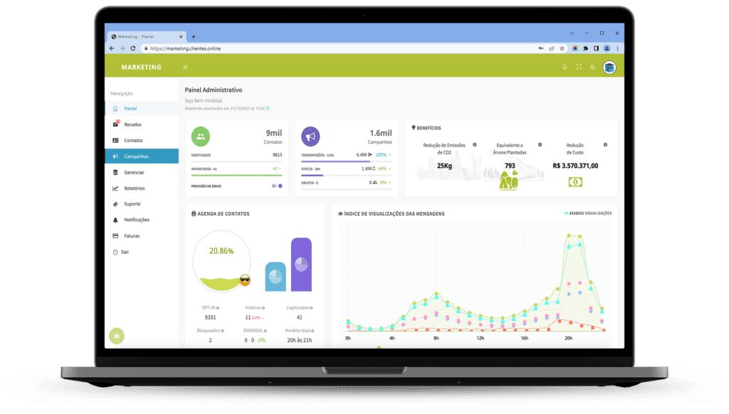 Imagem de um notebook exibindo o dashboard da nossa Plataforma de Sistema White Label WhatsApp, destacando gestão de contatos e ações de marketing.