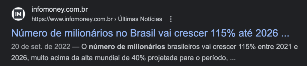 Print de uma pesquisa do Google mostrando o aumento no número de milionários no Brasil.