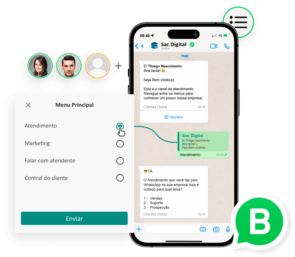 Smartphone mostrando a tela de atendimento ao cliente do SAC Digital com ícones de atendimento e marketing e um menu de conversa no WhatsApp.