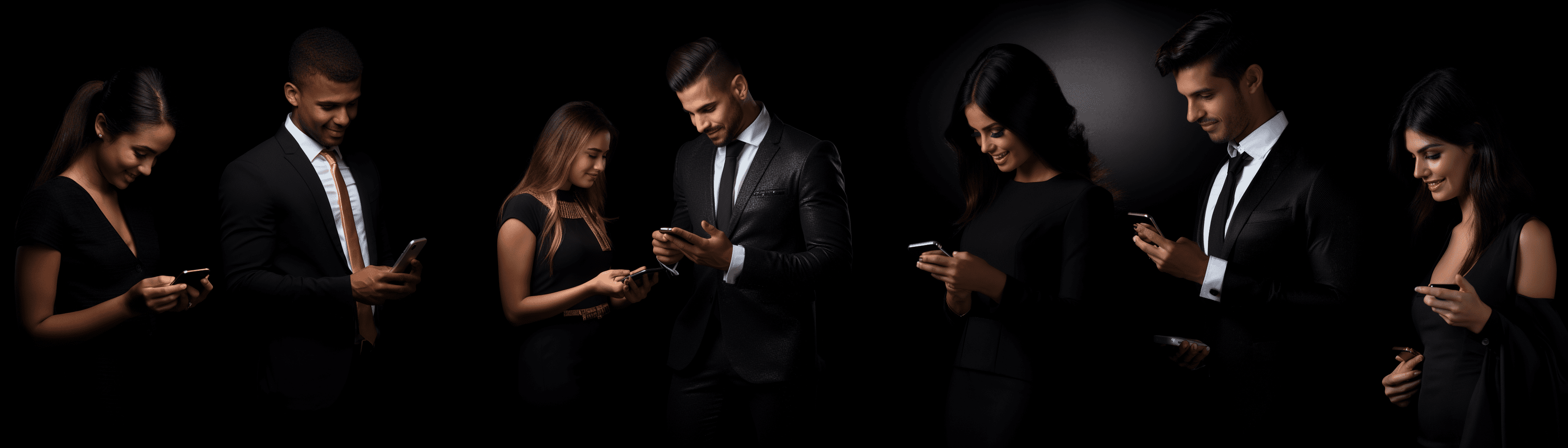 Grupo de profissionais de negócios felizes usando WhatsApp para se comunicar com clientes da empresa SAC Digital em um fundo preto.