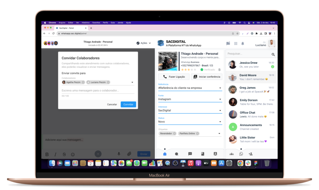 Captura de tela mostrando um painel de atendimento do SAC Digital com funcionalidade de multiatendimento, permitindo que vários operadores colaborem em um único chat do WhatsApp.